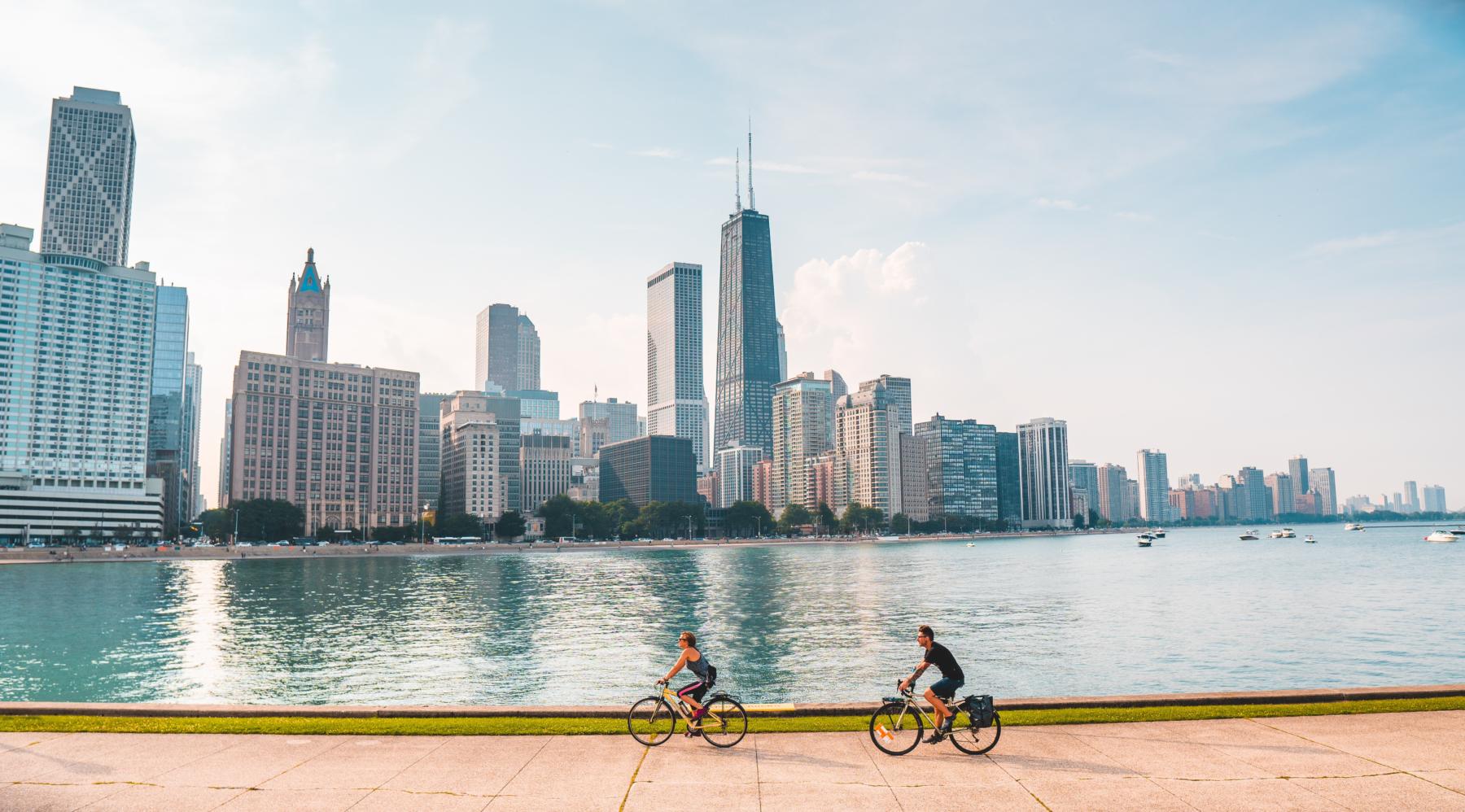 Two bikers on the Lakefront Trail in Chicago